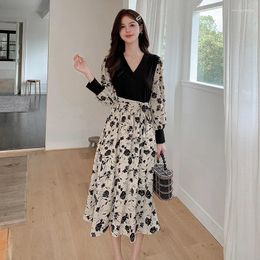 Casual Dresses Graceful Assorted Colors False-Two-Piece Printed French Sleeve Elastic Waist Base Dress