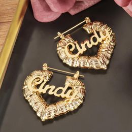 Hoop Earrings Custom Name Bamboo Personalized Heart Letter Hoops Nameplate Earring For Women Gift Her