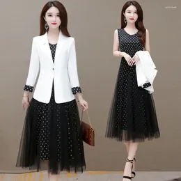 Work Dresses Female Large Size Dot Print Dress Suit Jacket Women's Chiffon Summer Two-piece Blazer Coat And Sets G176