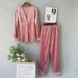 Home Clothing Loose Soft V-Neck Long Sleeve Shirt Pant Velvet 2PCS Pajamas Set Women Autumn Winter Sleepwear Nightwear Casual Sleep