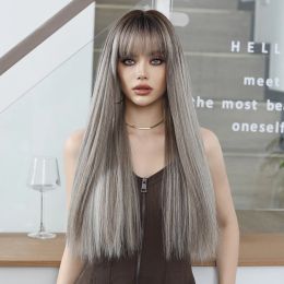 Wigs 7JHH WIGS Synthetic Ash Blonde Straight Hair Wig with Bangs Natural Soft High Density Wigs for Women Daily Party Heat Resistant