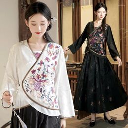 Ethnic Clothing 2024 Chinese National Style Retro Daily Women Embroidery Improved Tang Suit Top Dress Two Piece Set S590