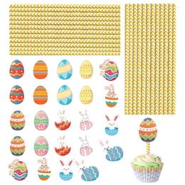 Disposable Cups Straws Cake Decorating 24pcs Easter Decorative Party Favors Cartoon Egg Drinking Tools For Children