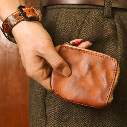 Vintage Men's Genuine Leather Mini Coin Purse Card Holder Case Wallet Clutch Male Short Zipper Small Change Pouch Bag Slim Purse