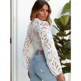 Women's Blouses 2024 Spring Sexy Long Sleeve Lace Shirts Women Casual Crochet Hollow Out Elegant Tops Cropped Turtleneck Blusas