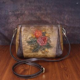 Bag Form Handmade Embossing Vintage Women 2024 Genuine Leather Floral Zipper Cowhide Luxury Shoulder&crossbody Bags