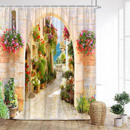 Shower Curtains Scenic Curtain Italy Europe City Street Garden Greenery Flower Stone House Landscape Print Home Bathroom Decoration