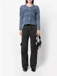 Women's Jackets Diamond Check Clip Cotton Short Denim Jacket Fashion Slim Round Neck Long Sleeve Blue 2024 Winter