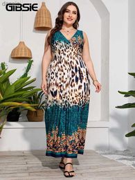 Urban Sexy Dresses GIBSIE Plus size leopard print V-neck sleeveless womens retro Bohemian A-line high waisted long skirt 4XL 5XL 6XL Y240402