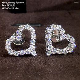 Stud Earrings Custom Real 9K Solid Gold Women Heart Moissanite Diamond Screw Back Guardian Cute Romantic
