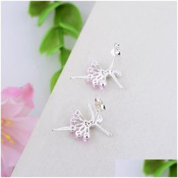 Stud Earrings 925 Sier Flower Fairy Angel Ballet Ballerina Dancer Pink Zircon For Women Kids Pendientes Fashion 2023 Drop Delivery Jew Dhxvh