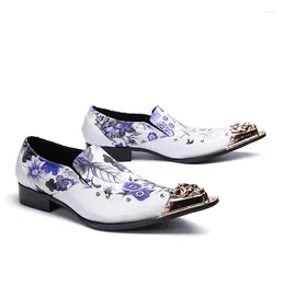 Casual Shoes White Men Print Design Genuine Leather Pointy Metal Toe Block Fashion Slip On Business Office Dress Party