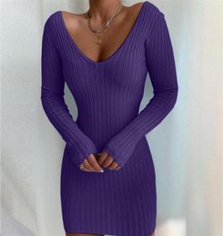 Casual Dresses Sexy Vneck Long Sleeve Solid Purple Bodycon Sweater Dress Women Autumn Winter Plus Size White Knit Mini Lady9481746