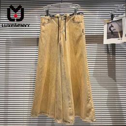 Women's Jeans LUXE&ENVY Women Autumn High Waist Drawstring Solid Color Loose Casual 2024 Fashion Wide Leg Pants