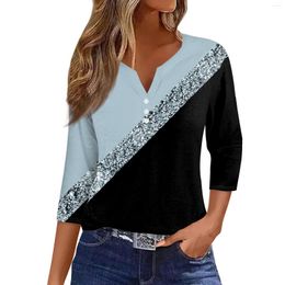 Women's T Shirts Shirtee Print Button 3/4 Sleeve Daily Weekend Fashion Basic V- Neck Regularop Youthful Woman Clothes Clothing