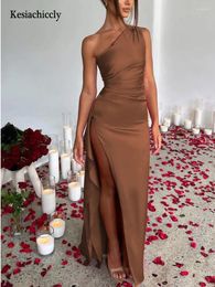 Casual Dresses Kesiachiccly Sexy Satin Party Dress Split Backless One Shoulder Elastic Bodycon High Waist Ruched Autumn Fashion
