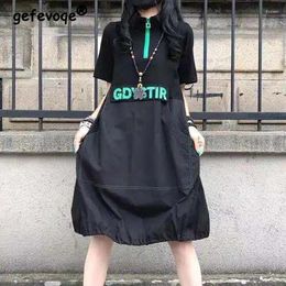 Party Dresses Women Letter Print Contrast Colour Harajuku Streetwear Y2K Midi Dress Summer Trend Stand Collar Zipper Short Sleeve Loose