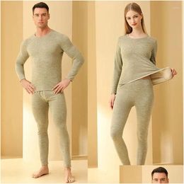 Mens Thermal Underwear Autumn And Winter Men Set Thickened Round Neck Top Long-Sleeved Plover Bottoming Shirt Couples Drop Delivery Ap Dh98C