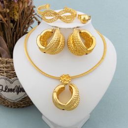 Bracelets Round Dubai Gold Colour Jewellery Sets for Women African Necklace Earrings Bead Ring Bracelet Arab Bridal Wedding Party Gift