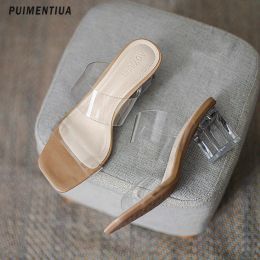 Slippers 2023 Summer Ladies Slippers Transparent High Heels Clear Slides Mules Female Sandals Women Shoes Daily Square Toe Slipper