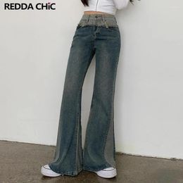 Women's Jeans ReddaChic Vintage Patchwork Flare Women Korean Stylish Contrast Colour Bootcut Pants High Rise Trousers Ladies Bell Bottoms
