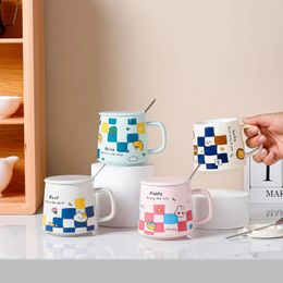 Mugs Ins Cartoon Checkerboard Lattice Animal Ceramic Cup With Lid Mug Coffee Student Children Japanese Breakfast