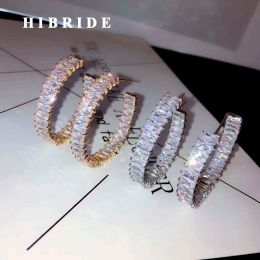 Earrings HIBRIDE Sparkling Cubic Zirconia Baguette Hoop Earring For Women Jewellery White Gold Colour Circle Earrings Bijoux Jewellery E887