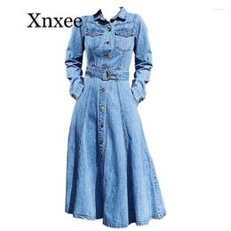 Skirts Luxury High Quality Denim Dress Spring Autumn Long Sleeve Single Breasted Jeans A-line Swing Women Clothing Belt Beach