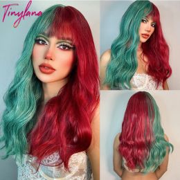 Wigs Green and Red Long Wavy Wigs with Bangs Cosplay Christmas Halloween Hair Two Tone Omber Synthetic Wigs For Women Heat Resistant