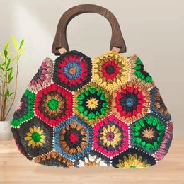 Bohemian Granny SquareCrochet Women Handbags Vintage Wooden Knitted Hand Bags Handmade Woven Large Tote Big Shopper Purses 2023 240328