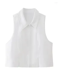 Women's Tanks 2024 Fashion Summer Solid Folds Top For Women Sexy Turn Down Collar Blouses Streetwear Vinatage Sleeveless Zipper Vest