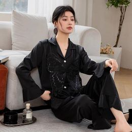 Home Clothing Black Women Pyjamas Set Long Sleeve Shirt&pants Clothes Rayon Sleepwear Nightwear 2Pcs Pijamas Trousers Suit Lingerie