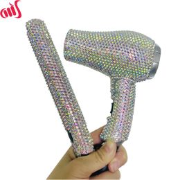 Irons Mini Portable Flat Iron Blow Dryer Set Travel Hair Dryer and Small Flat Iron with Rhinestone Folding Handle Hair Dryer for Women