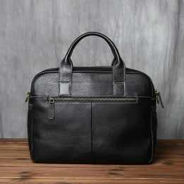 NZPJ Men's Leather Handbag Casual Shoulder Messenger Bag Top Layer Leather Horizontal Postman Briefcase 14 Inch Computer Bag Men