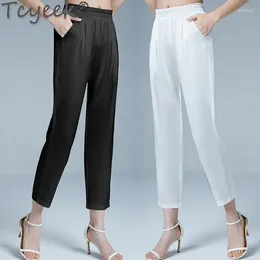 Women's Pants 2024 Summer Ankle-length Women 95% Mulberry Silk Thin Trousers Womans Clothing Elegant Middle Waist White LM