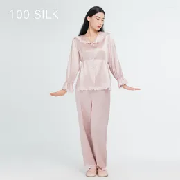 Home Clothing Sexy Lace Trim Nightwear 22Mm Real Silk Trousers Set Women Elegant Loungewear Clothes 2Pcs Pajamas Suit Long Sleeve Pyjamas