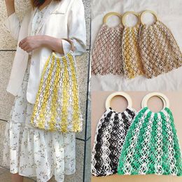 Drawstring Round Woven Bucket Bag Women Mesh Summer Wooden Handle Weave Handbag Crochet