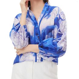 Women's Blouses Spring Summer Silk Long Sleeve Floral Tie Dye Blue Top Casual Holiday Tie-dye Shirts For Women Loose Workwear Shirt