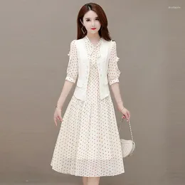 Work Dresses Women Fashion Two Pieces Set Female Polka Dot Print See Through Transparent Shirts Tops And Elastic Waist Pleated Dress G168