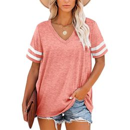 Striped Tshirt Womens Lovely Female Tops Tee Fashion Colourful Vneck Shortsleeve Y2k Clothes Oversize T Shirt 240401