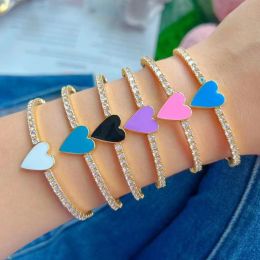 Bangles 3Pcs White Zircon Cz and White/Blue/Black/Pink Enamel Colour Heart Star Cuff Bangle For Women Colourful Hip Hop Jewellery