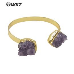 Bangles WTB594 WKT Wholesale Precious Natural Amethysts Irregular Stone Bracelet Opening Adjustable Gold Bracelet Women Jewelry Gifts