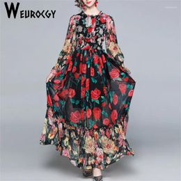 Casual Dresses 2024 Autumn Style Round Collar Long Sleeve Elastic Waist Look Thin Flower Printted Chiffon Women Streetwear