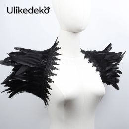 Sexy Black Lace Feather Shawl For Women Cosplay Halloween Feather Shoulder Wraps Feather Fake Collar Gothic Punk Women Scarves