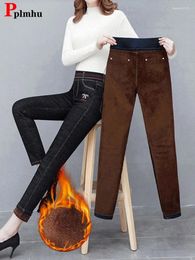 Women's Jeans Moms Oversize 34 Skinny Winter Warm Pencil Denim Pants Office Lady Plush Velvet Vaqueros Casual Slim Thicken Trousers