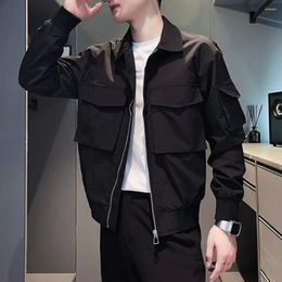 Men's Jackets Men Casual Coat Stylish Hip Hop Streetwear Jacket With Multiple Pockets Zipper Closure Solid Color Lapel Buttons
