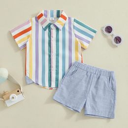 Clothing Sets Fashion Kids Boys Summer Children Colourful Striped Print Button Short Sleeve Shirts Tops Shorts Casual Outfits