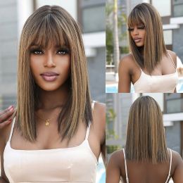 Wigs Brown Highlight Bob Synthetic Wigs Shoulder Length Straight Wig with Bangs Daily Use Hair for Women Heat Resistant Cosplay Wig