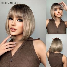 Wigs HENRY MARGU Short Straight Ombre Brown Blonde Bob Wig With Bangs Synthetic Hair Wig for Women Cosplay Lolita Heat Resistant