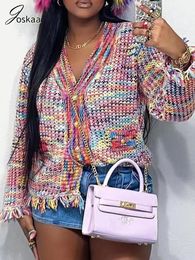 Joskaa Autumn Rainbow Elegant Casual Knitted Sweater Women Fashion Tassel Cardigan Vintage Causal Tops Outwear Jacket 240320